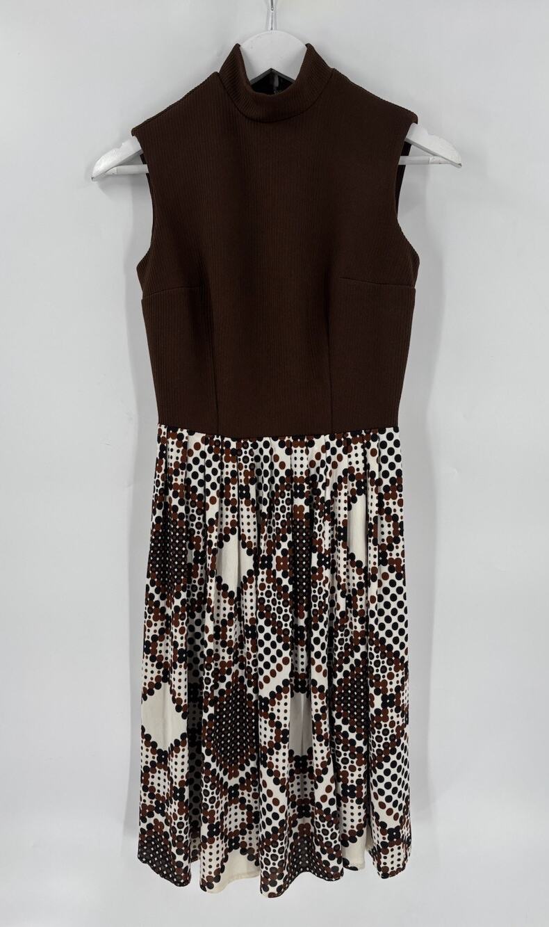 Vintage Henri Bendel Dress Womens 8 Brown White 60s 70s Geometric Dot Pleated